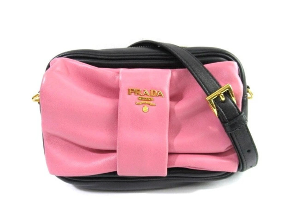 Prada bag shoulder Pouch Clutch handle calfskin black pink